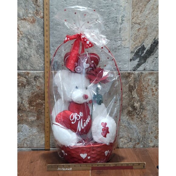 Valentines Day Gift Be Mine Bear Plush Love Heart in Gift Basket Stuffed Animal - Picture 9 of 16